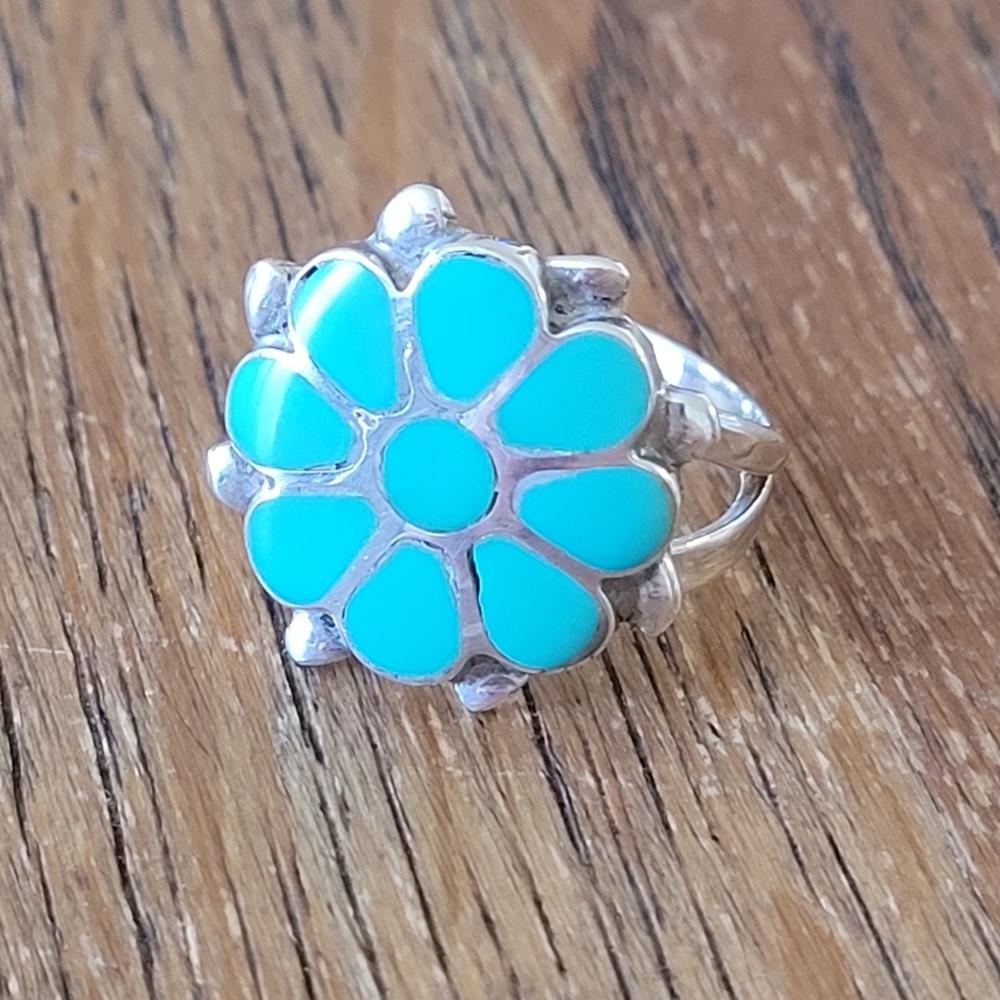 Vintage Sterling Silver Turquiose Inlay Flower Ring Southwestern Style